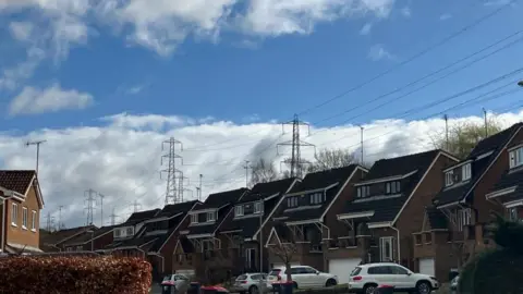 A row of smart-looking houses. Just behind them are pylons, which tower above them. The sky is blue with some clouds.