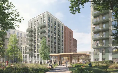 Norwich Victoria Limited An artist's impression of the development shows tall blocks of flats with green spaces and trees surrounding them on a bright sunny day