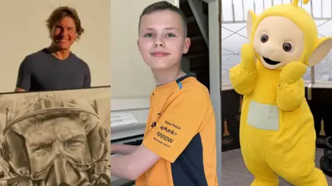 Three images together in a montage. On the left is Tom Cruise holding a portrait of him in Top Gun. In the middle is a young boy playing piano. On the right is LaaLaa the yellow Tellytubby