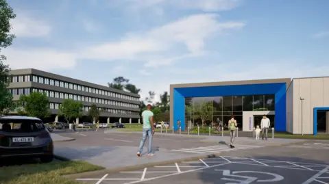 Mock-up of what Thorpe Wood hospital would look like, showing a car park and single-storey hospital building