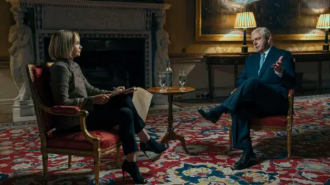 Prime Video/PA Actors Ruth Wilson and Michael Sheen as Emily Maitlis and the Duke of York in 'A Very Royal Scandal' - a Prime Video series depicting the headline-making BBC Newsnight interview