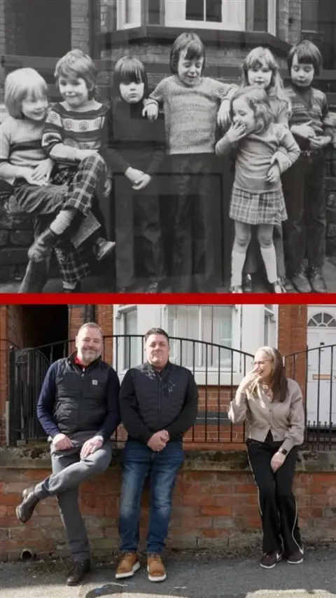 Sibilings Andre Keane and Caroline Keane-Hayes (left and right) and cousin Gerald Costello (centre) recreated their 50-year-old poses