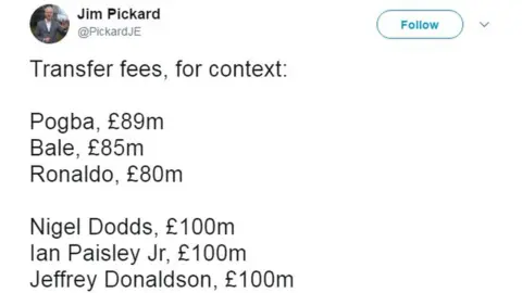 Jim Pickard/Twitter Jim Pickard, chief political correspondent with the Financial Times, tweeted some record-breaking transfer fees on Monday, by way of comparison