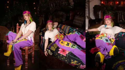 Adam Billings Poppy fashion modelling in bright colour outfits showcasing her stoma bag. 