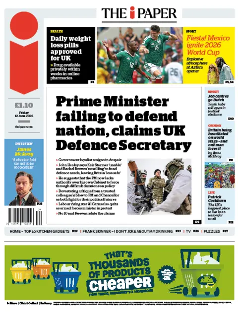 The headline on the front page of the i Paper reads: "Prime Minister failing to defend nation, claims UK Defence Secretary."