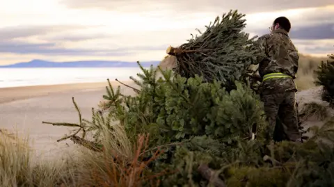 Man in camouflage with Christmas trees on a beach