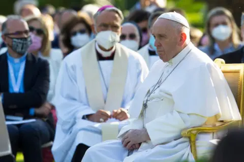 Corbis via Getty images Pope Francis leads a Rosary Prayer in the Vatican Gardens, on May 31, 2021 in Vatican City