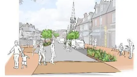 St Albans City and District Council A drawing of an improved version of Victoria Street.
There are people walking on the street and there is more plants and greenery in the area.