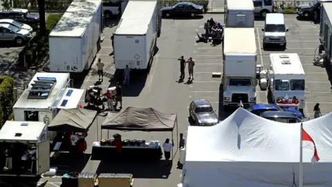 Getty Images Film Set Support Crew and Trailers on Location close to the Port of Los Angeles USA