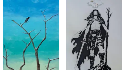 JUAN ASHLISH On the left, a painting of a raven in a leafless tree in winter with a different shades of blue in the sky behind. On the right, an illustration of Manannan as a young man with a long cloak and holding a sword and staff.