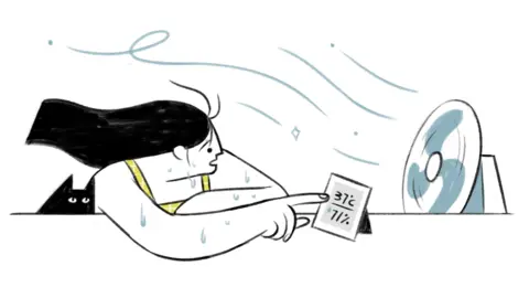 Illustrated scene of a woman sitting at a desk, pointing to an electric room temperature reader. On her left is a black cat and on her right is an electric desk fan with blue swirls of wind coming from it. The drawing uses a minimal black, yellow and pale blue colour palette on a light background.