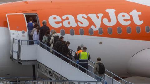 Passengers queuing to board an EasyJet plane