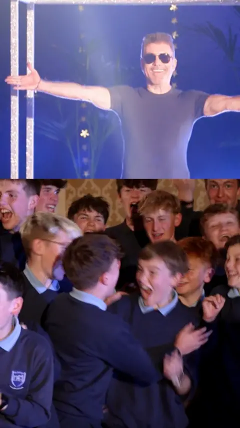A composite image of Cowell raising his hands in the air, and a group shot of the choir looking at eachother in shock
