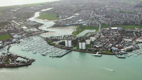 An aerial photo showing Portsmouth harbour and marinas on the Gosport waterfront - in the middle is the Gosport ferry pontoon.