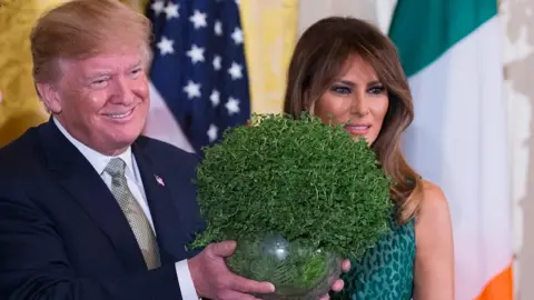 Donald Trump and his wife Melania Trump posing with a bowl of shamrock at the White House in 2018.  Trump is wearing a navy suit, white shirt and green tie and Mrs Trump is wearing a green animal print dress.  The Irish and US flags are behind the couple.