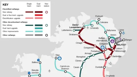 ARUP/DFI A map of Ireland showing the proposed upgrades to railways