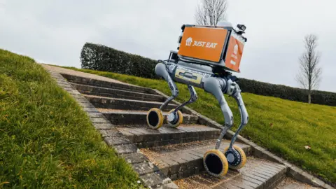 A four‑legged delivery robot with small wheels on each foot climbs a set of outdoor brick steps in the middle of a grass bank with a hedge a the top.
