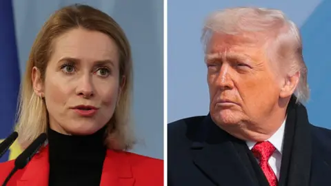 Composite image of Donald Trump and Kaja Kallas. Kallas has two microphones in front of her whereas Trump is outside wearing a navy coat and a red tie.
