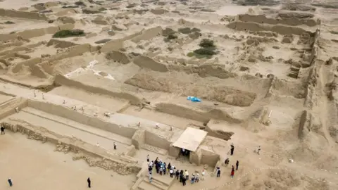 Aerial view of of the walled archaeological complex of Nik Anin the citadel of Chan Chanin Peru, on October 22, 2018. 