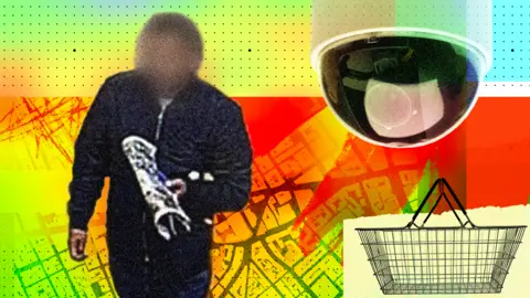 BBC Designed image of a shoplifter taken from CCTV, with his face blurred and holding a newspaper, wearing a black bomber jacket and dark jeans. Behind him is an image representing streets on a map, coloured red and yellow on the right-hand-side is an image of a metal shopping basket, and a store CCTV camera on the top right. 