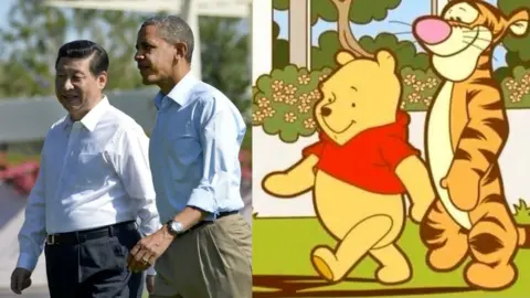 AFP/Weibo Composite picture of Xi Jinping, Barack Obama and Winnie the Pooh characters