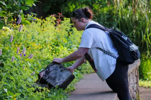 Person with a backpack lifts a log in a lush garden during a guided nature walk