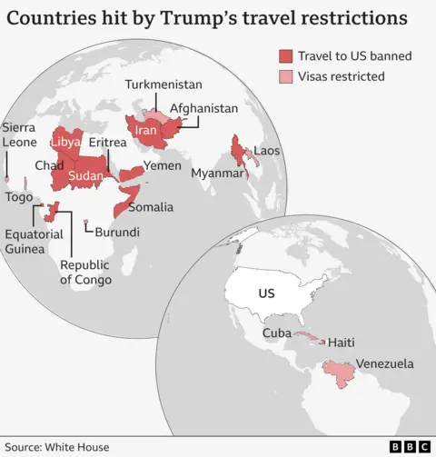 A BBC map identified Afghanistan, Chad, Congo-Brazzaville, Eritrea, Equatorial Guinea, Haiti, Iran, Libya, Myanmar, Somalia Sudan and Yemen as the countries affected by a US travel ban. Meanwhile, Burundi, Cuba, Laos, Sierra Leone, Togo, Turkmenistan and Venezuela are shown as the countries for which visas have been restricted