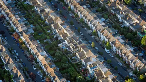 Aerial view of rows of terraced houses