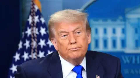 President Donald Trump, standing behind a podium, answers questions during a press conference at the White House. He is wearing a blue suit over a white shirt and a blue tie.