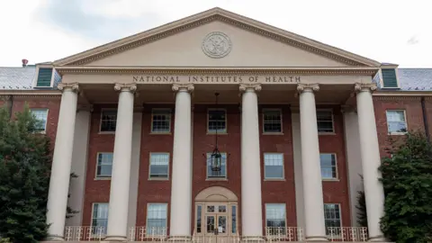 National Institutes of Health building pictured from the front. The building has several tall pillars and red brick walls.