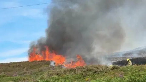 BCP Council A firefighter stands on the heath surrounded by tall flames and smoke