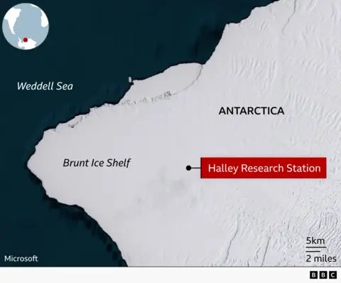 A map showing the location of the Halley Research Station