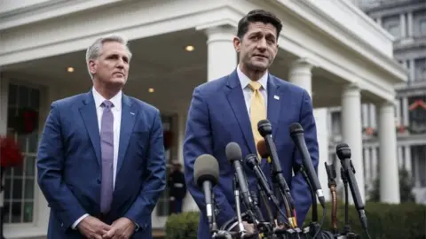 EPA Speaker of the House Paul Ryan (R) and House Majority Leader Kevin McCarthy (L) deliver remarks to the White House press corps following a meeting with US President Donald J Trump about budget negotiations and border wall funding.