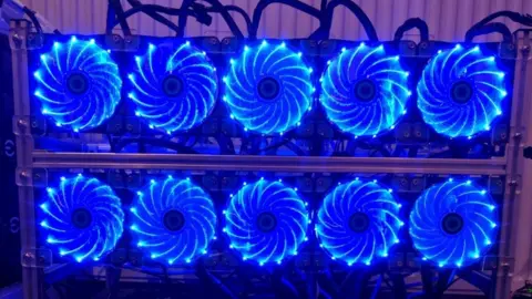 A crypto-currency mining rig built with GPUs