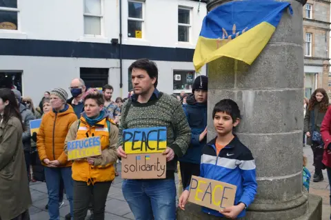 People gathered in Shetland's Lerwick to protest the invasion