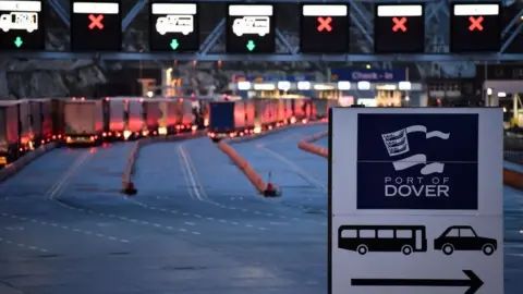 AFP  Freight trucks waiting to board ferries at the port of Dover