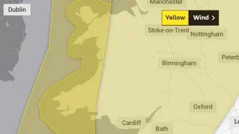 Met Office Two warning for wind covering a map of Wales