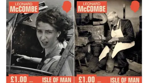 IOMPO Stamps featuring a female ferry pilot in the cockpit of a Barracuda and a cobbler in his workshop. The images are black and white and with the photographers name, and the value of the stamp in white lettering in a red background.