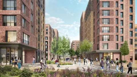 Image of the planned Castle Leazes site and student village which show apartment blocks either side with a public space in between