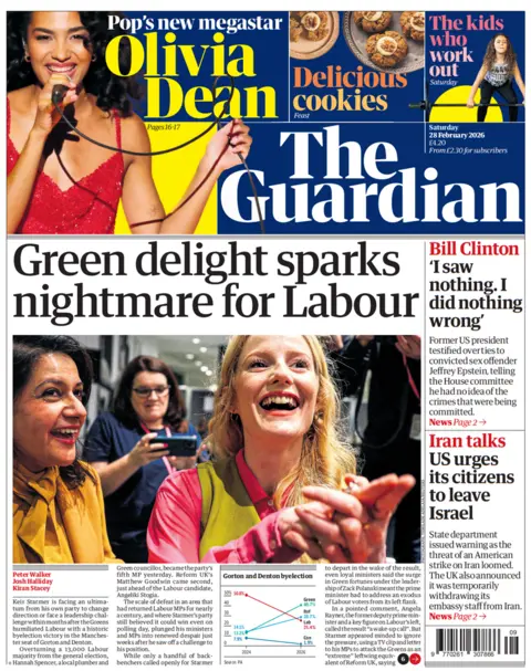 The headline on the front page of the Guardian reads: "Green delight sparks nightmare for Labour".