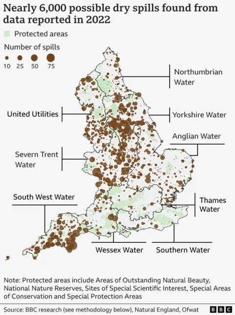 Map showing the locations of all the nearly 6,000 possible dry spills identified by the BBC in England