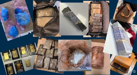 Leicestershire Police Cocaine, cannabis, gold bars, cash and designer handbags and sunglasses in a picture composite.