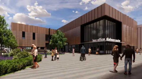Harlow Council A CGI image of people walking outside Harlow Playhouse, which has been modernised to have large windows above its entrance. The town square in front of it is clean and paved, with trees and greenery mixed in the middle.