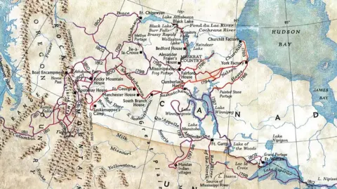 Ontario Government Archives A small segment of the Canadian waterways and mountains which David Thompson charted over 30 years in western Canada