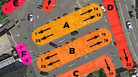 Gareth Wild/Google Maps A Google Maps satellite picture of a car park in Devizes. The parking zones are highlighted in different colours and labelled from A-F.