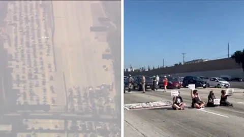 Split screen showing aerial of stalled traffic and protesters on the road