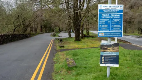 A car park is pictured with road markings, trees and grass by it. A sign listing the parking rules and fees is on a pole.