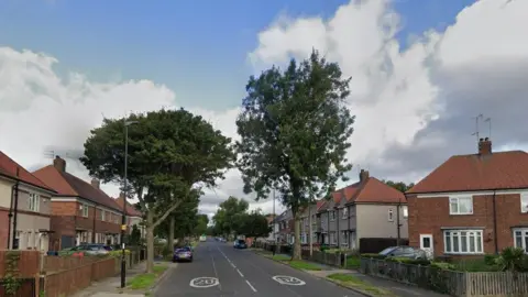 A row of semi-detached two storey houses is lining both sides of West Moor Road in Sunderland. There are tall trees growing along the road with several parked cars. There are 20mph speed limit markings on the road. 