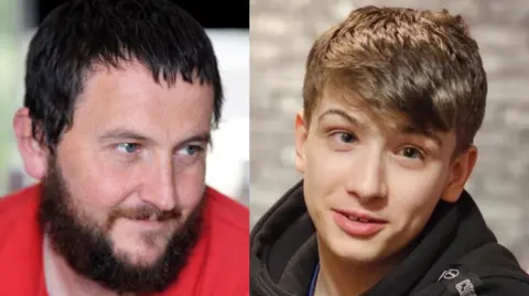 Two separate pictures side by side, both close ups of faces. One of a man with black hair, a beard and freckles wearing a red t-shirt. The second picture is of a teenage boy with light brown hair, wearing a black hoodie.