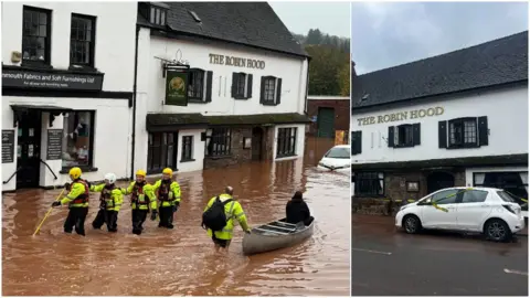 Reuters | BBC A composite image. On the left there are four rescuers in hi-vis wade through flooded street as a man in a hi-vis jacket pushes a person in a canoe. There is a pub and a shop. They are both white buildings. On the right the same pub can be seen with the flood waters now resided, there is a white car in front with residue from the floods along with black and white warning tape.